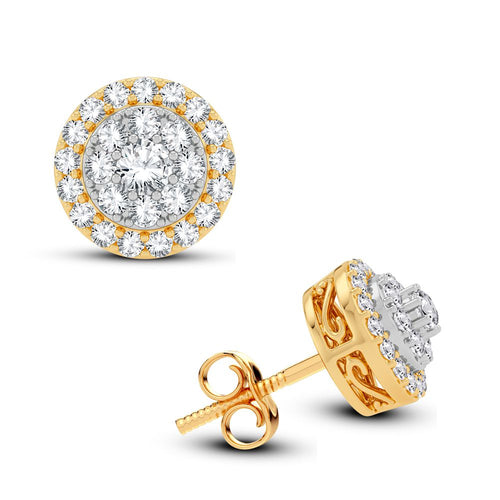 front and side view of 14K yellow gold round diamond stud earrings