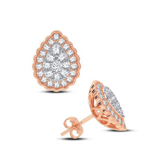 front and side view of 14K rose gold pear shaped diamond stud earrings