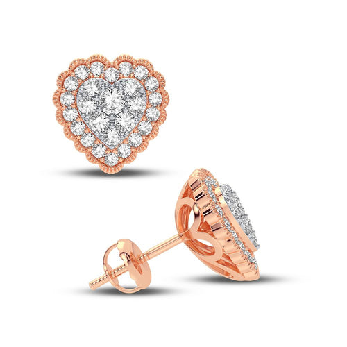 Front and side view of 14K rose gold heart shaped diamond stud earrings