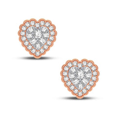 Front view of 14K rose gold heart shaped diamond stud earrings