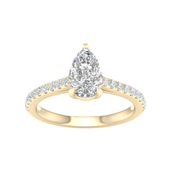 yellow gold ring with pear shaped center stone