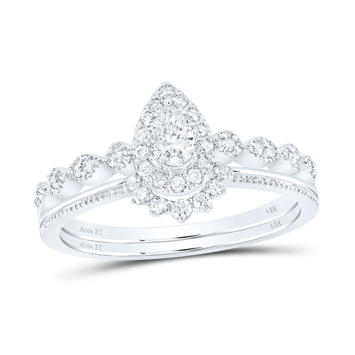 Conjunto nupcial con halo de diamantes en forma de pera de 14 quilates