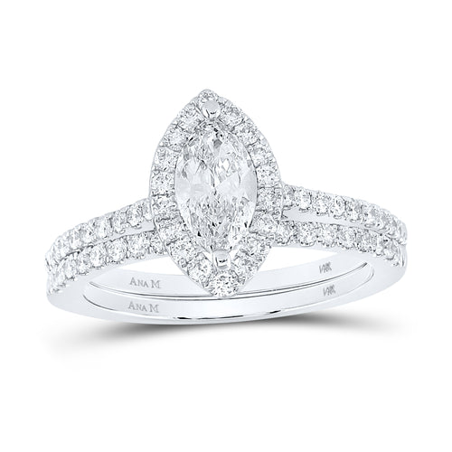 Conjunto nupcial con halo de diamantes marquesa de 14 quilates