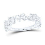 Ring featuring alternating pear, emerald, marquise, and oval-cut diamonds, creating a distinctive and elegant design around the band.