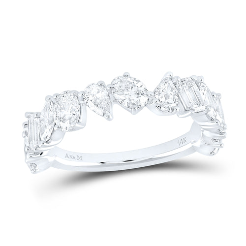 Ring featuring alternating pear, emerald, marquise, and oval-cut diamonds, creating a distinctive and elegant design around the band.