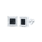 10K white gold square shaped earrings with black diamonds at the center and diamond halo stud earrings