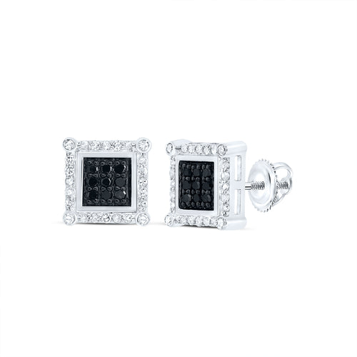 10K white gold square shaped earrings with black diamonds at the center and diamond halo stud earrings