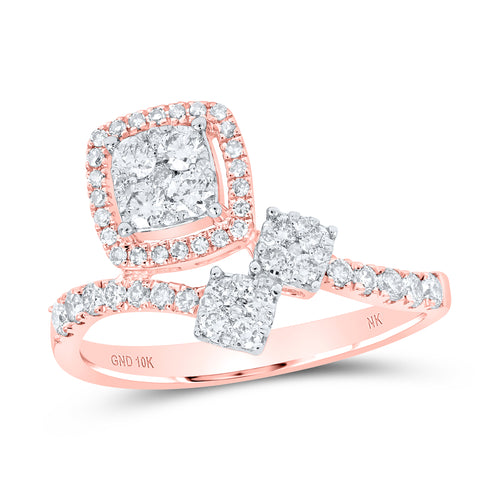 Elegant rose gold ring featuring a square diamond cluster at the center, with two single diamonds on either side, set on a sparkling diamond-studded band