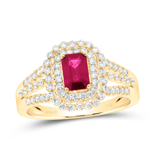 A close-up of a yellow gold ring featuring an ruby gemstone at the center, surrounded by small, sparkling diamonds.