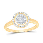yellow gold round shaped diamond ring with cluster center and halo