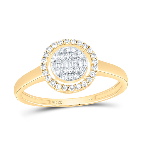 yellow gold round shaped diamond ring with cluster center and halo
