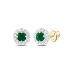 14K yellow gold round earrings with an emerald center and diamond halo