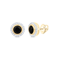 10K yellow gold black onyx stone stud earrings with diamond halo