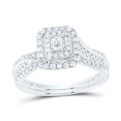 Conjunto nupcial con doble halo de diamantes esmeralda de 10 quilates