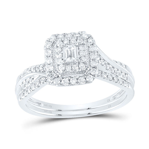 Conjunto nupcial con doble halo de diamantes esmeralda de 10 quilates