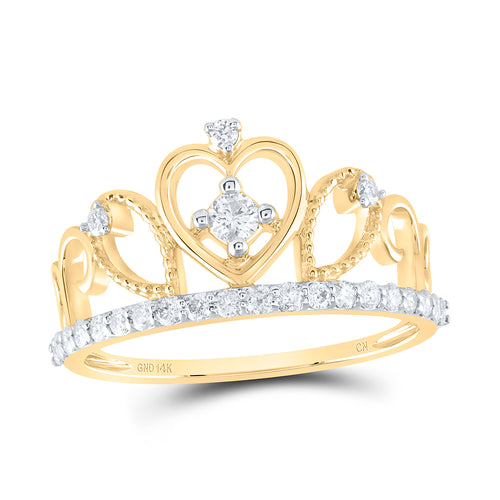 Yellow gold crown ring with heart-shaped accents and sparkling diamonds