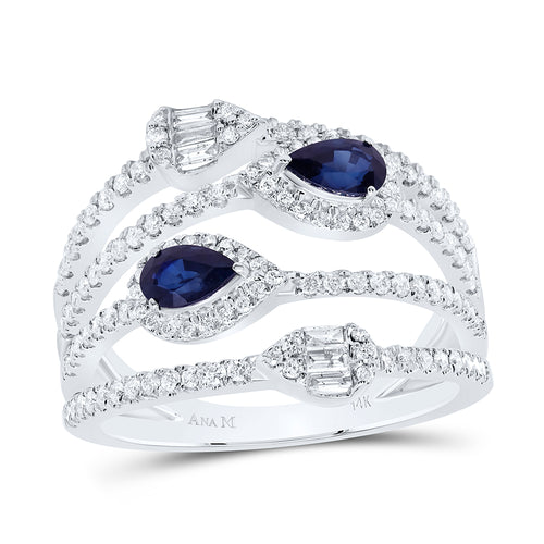Four bands connected to one ring, featuring an alternating design of white gold diamond bands and white gold diamond bands with pear-shaped blue sapphire gemstones