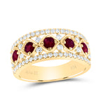 Ring featuring round rubies with two small diamonds stacked on each other, complemented by diamond rows on either end for a stunning and sophisticated look.