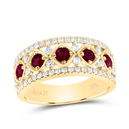 Ring featuring round rubies with two small diamonds stacked on each other, complemented by diamond rows on either end for a stunning and sophisticated look.