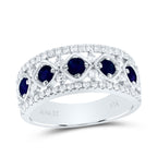 Ring featuring round blue sapphires with two small diamonds stacked on each other, complemented by diamond rows on either end for a stunning and sophisticated look.