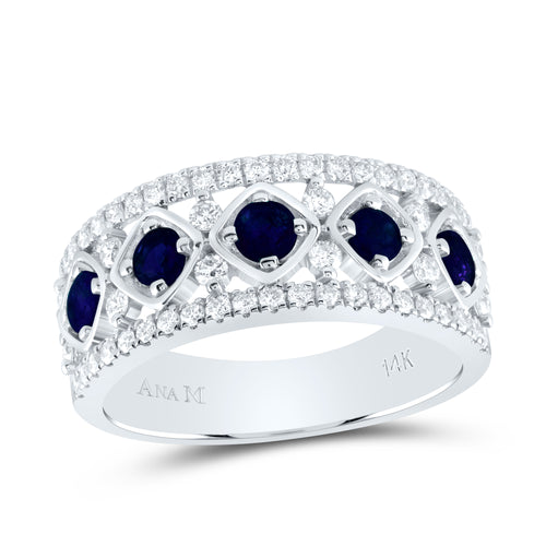 Ring featuring round blue sapphires with two small diamonds stacked on each other, complemented by diamond rows on either end for a stunning and sophisticated look.