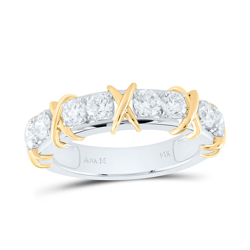 Diamond band featuring two stones and a gold criss-cross design, alternating around the ring for a unique and stylish look