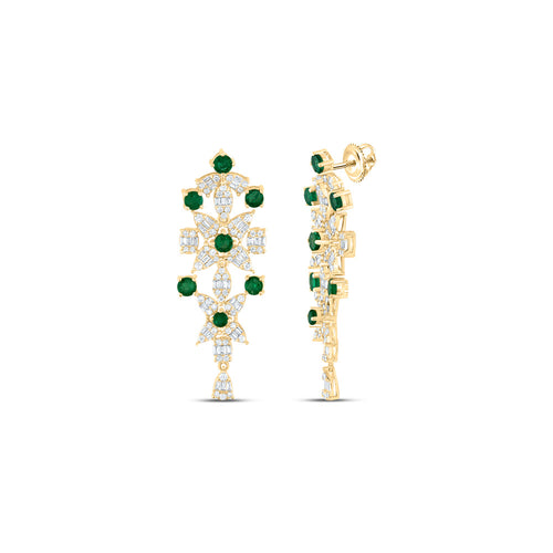 Pendientes colgantes de diamantes de 14 quilates y esmeraldas naturales