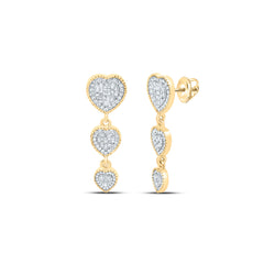 Pendientes colgantes de tres corazones con diamantes de talla baguette y redonda de 10 quilates