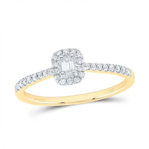 Emerald-cut diamond surrounded by a sparkling halo, set on a diamond-studded band for an elegant and timeless design