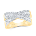 Diamond ring with a crisscross design that wraps halfway around the band, with the remaining section in smooth yellow gold.