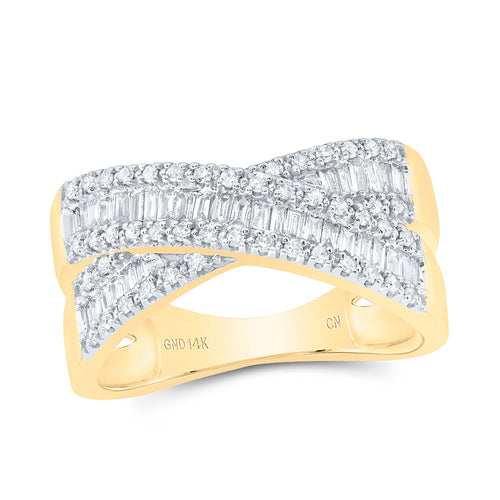 Diamond ring with a crisscross design that wraps halfway around the band, with the remaining section in smooth yellow gold.