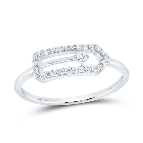 white gold diamond paperclip ring with a diamond at the center and a smooth white gold band