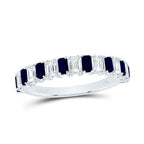 Ring featuring an alternating design of emerald-cut diamonds and blue sapphires, creating a vibrant and elegant pattern