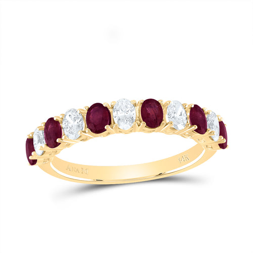 Ring featuring an alternating design of oval-cut diamonds and rubies, creating a vibrant and elegant pattern