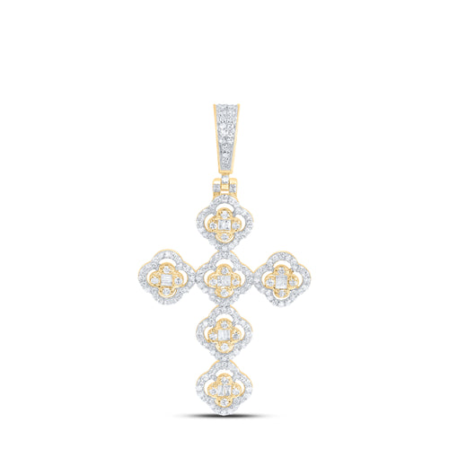 Diamond cross pendant featuring intricate clover accents, with sparkling diamonds set within each clover and the cross and a diamond bail