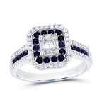 A close-up of a octagon shaped white gold ring featuring a combination of blue sapphire gemstone and sparkling diamonds