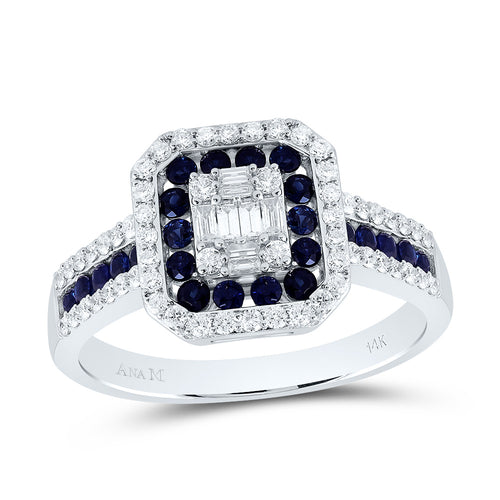 A close-up of a octagon shaped white gold ring featuring a combination of blue sapphire gemstone and sparkling diamonds