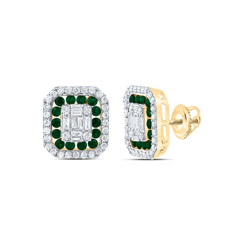 14K yellow gold octagon shaped emerald and diamond stud earrings