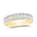 yellow gold diamond band with three rows: the top and bottom rows feature single diamonds, while the middle row showcases multi-shaped individual stones for a unique and elegant design.