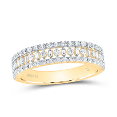 yellow gold diamond band with three rows: the top and bottom rows feature single diamonds, while the middle row showcases multi-shaped individual stones for a unique and elegant design.