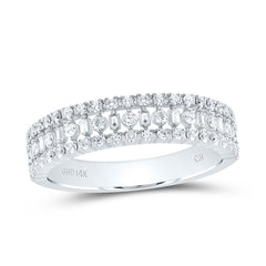 white gold diamond band with three rows: the top and bottom rows feature single diamonds, while the middle row showcases multi-shaped individual stones for a unique and elegant design.