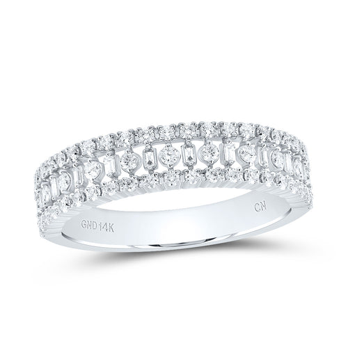 white gold diamond band with three rows: the top and bottom rows feature single diamonds, while the middle row showcases multi-shaped individual stones for a unique and elegant design.