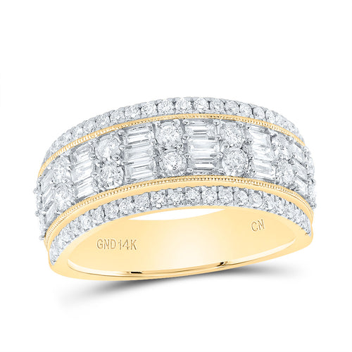 Diamond band with an alternating design of round and baguette diamonds, featuring a row of diamonds on either side for an elegant and timeless look