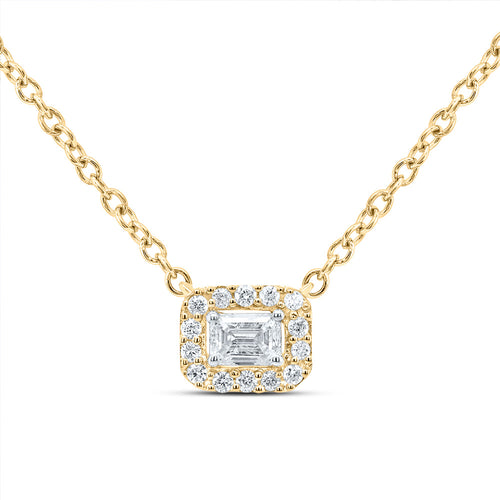 Collar con halo de diamantes de talla esmeralda de 14 quilates