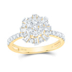 Flower-shaped ring featuring a diamond cluster at the center, with diamonds that go halfway around the band, and the rest of the band in smooth gold.