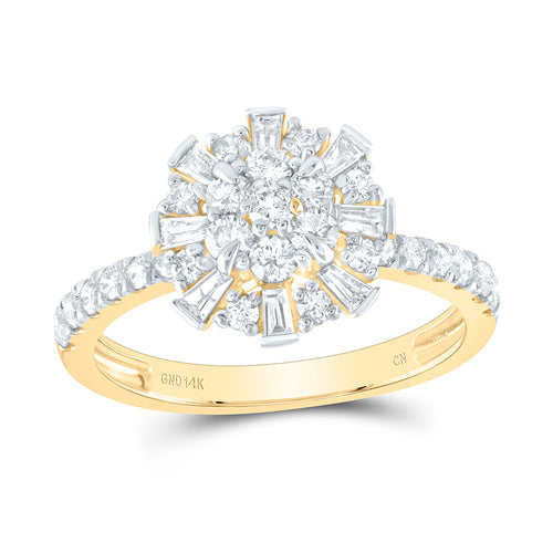 Flower-shaped ring featuring a diamond cluster at the center, with diamonds that go halfway around the band, and the rest of the band in smooth gold.