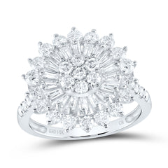 Close-up of a stunning white gold flower-shaped cluster diamond ring with round brilliant diamonds arranged in a floral design, set in a sleek band.