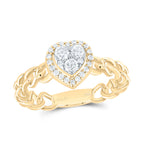 yellow gold heart shaped ring with three center diamonds and halo