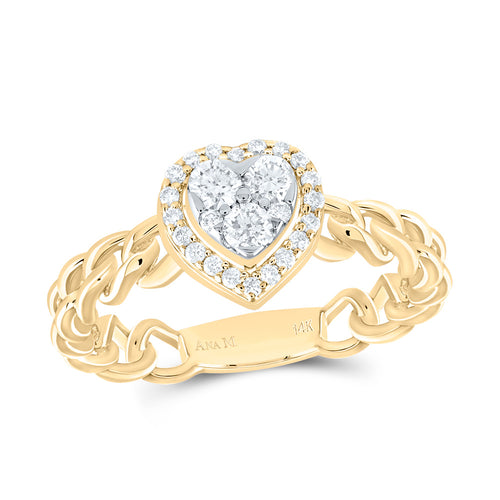 yellow gold heart shaped ring with three center diamonds and halo