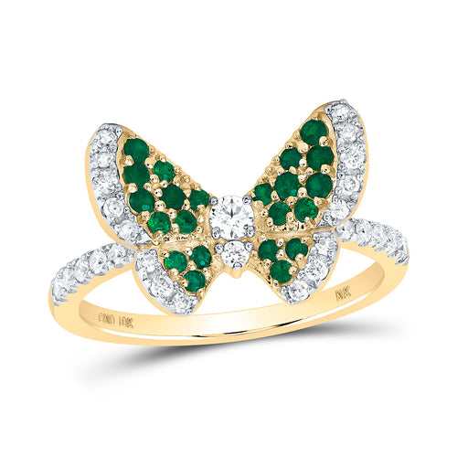 Yellow gold butterfly diamond ring with two center diamond, emerald stones, and diamonds on the band